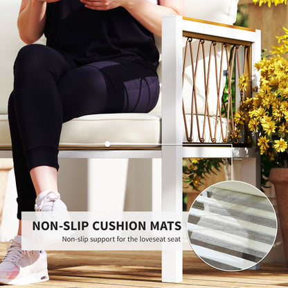 4-Piece PE Rattan Garden Sofa Set | Loveseat | 2 Armchairs | Tempered Glass Coffee Table | Galvanised Metal Frame | Wood-Effect WPC Slats | 8cm Seat & 12cm Back Cushions | Non-Slip Mats | Washable Covers | 120kg Per Seat | Cream White