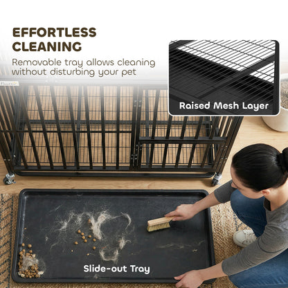 Heavy Duty Dog Crate with Wheels | 3-Door Access | Removable Tray | Top Playpen Opening | Medium & Large Dogs up to 30kg | Black
