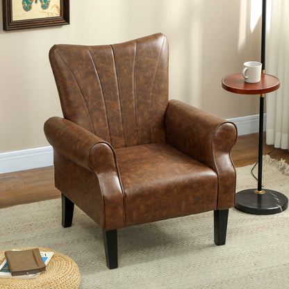 Upholstered Accent Chair with Rolled Arms and Wood Legs, Armchair for Living Room Bedroom, Brown