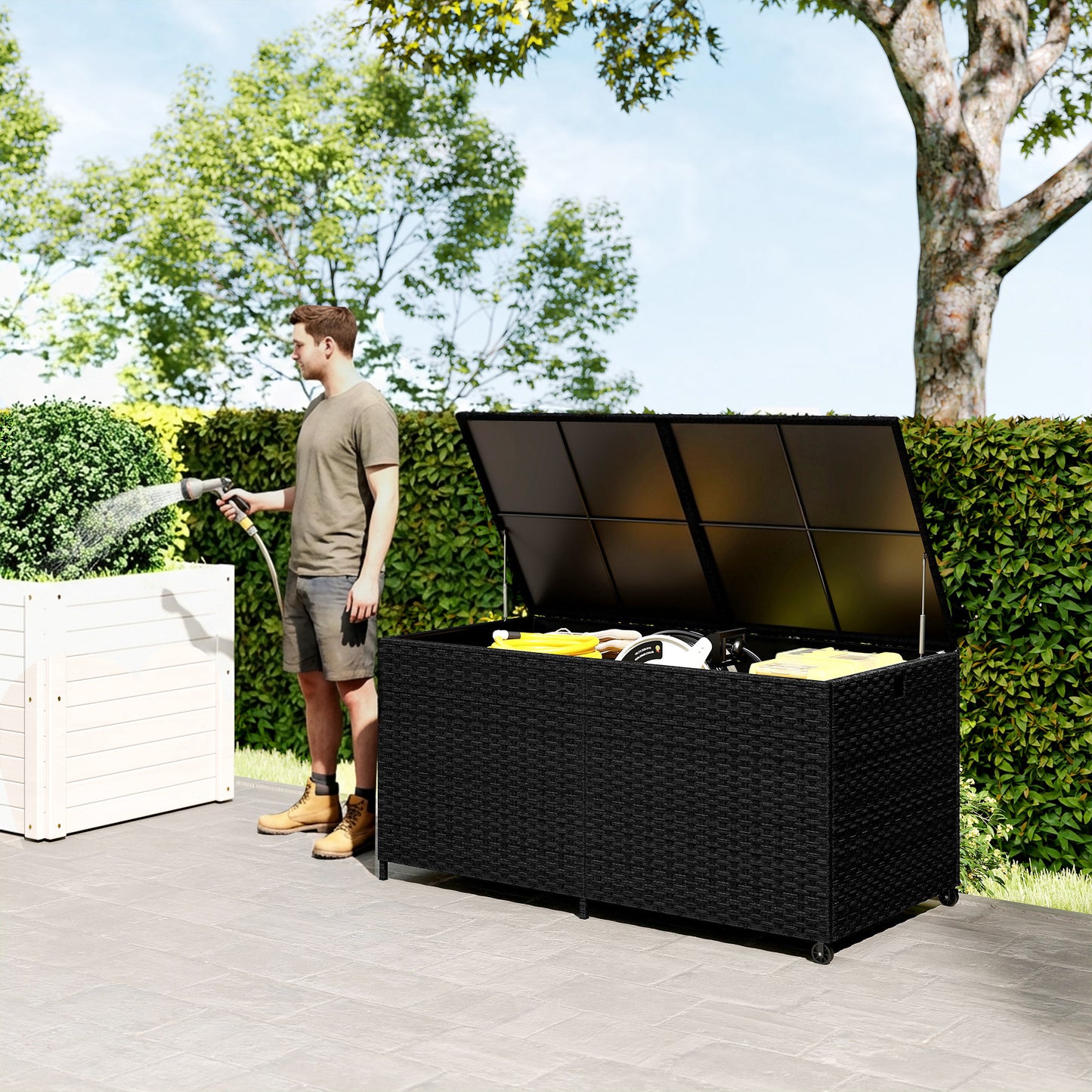 650L Rattan Garden Storage Box | 2 Wheels | Waterproof Zipped Liner | Gas-Assisted Lid | UV-Resistant PE Rattan | Powder-Coated Steel | 100kg | 150x75x74cm | Black