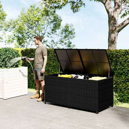 650L Rattan Garden Storage Box | 2 Wheels | Waterproof Zipped Liner | Gas-Assisted Lid | UV-Resistant PE Rattan | Powder-Coated Steel | 100kg | 150x75x74cm | Black