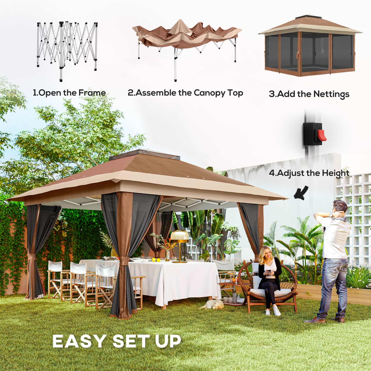 3.6x3.6m Pop-Up Gazebo | UPF50+ Oxford Fabric | Removable Mesh Walls | 3-Height Adjustment 260-280cm | 8 Drainage Holes | 4 Guy Ropes, 12 Ground Stakes & 4 Sandbags | Wheeled Carry Bag | Fits 8-12 People | Brown