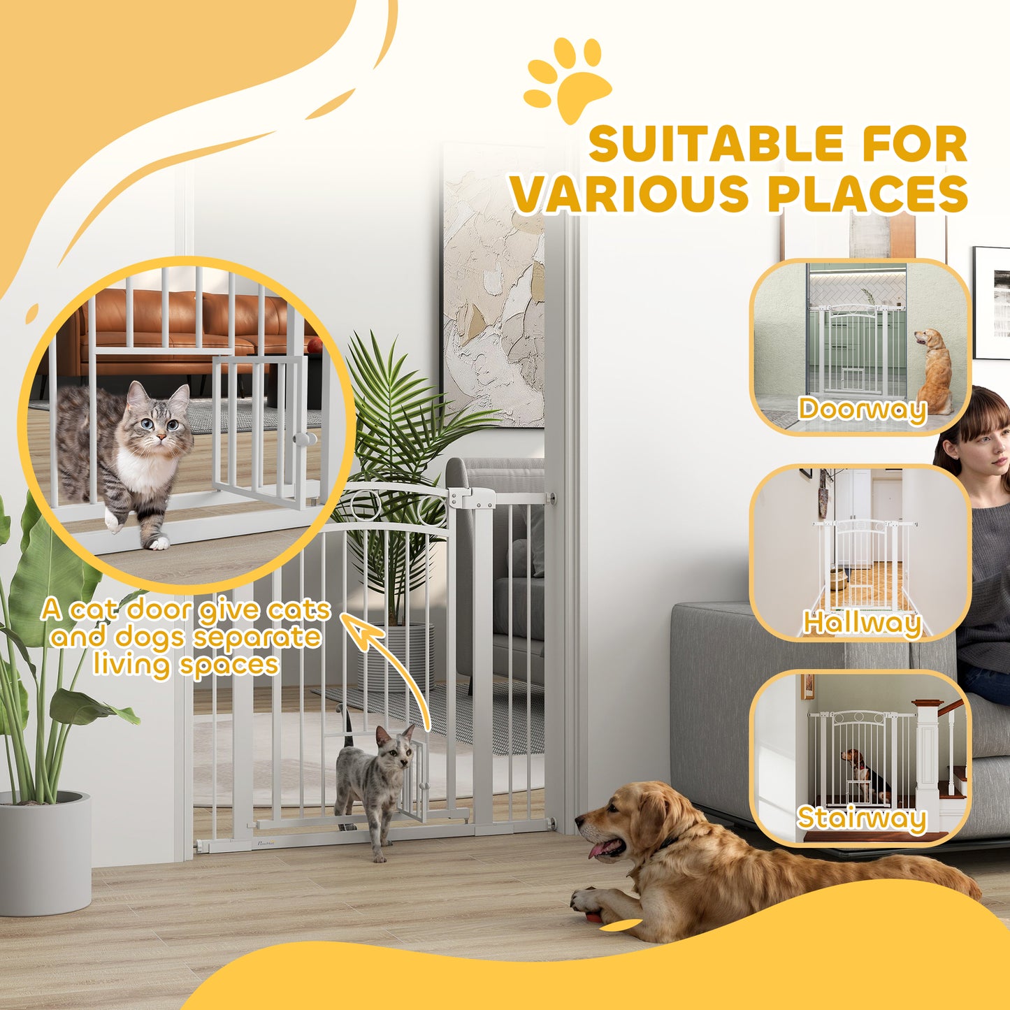 PawHut 96cm Tall Dog Gate with Cat Door, 7cm and 14cm Extensions, for Stairs & Doorways, 76-104cm Width