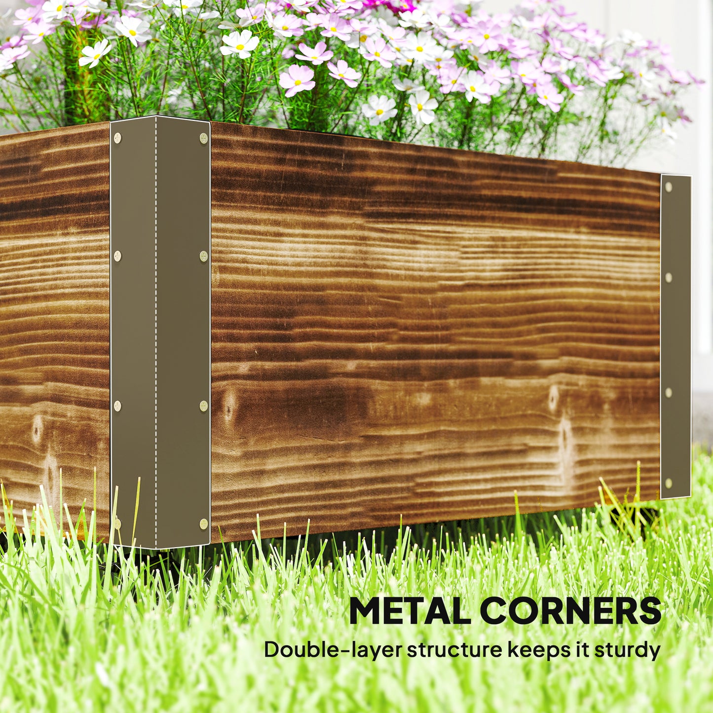 Carbonised Wood Raised Planter with Ladder Trellis | Reinforced Metal Corners | 4 Wheels 2 Lockable | Non-Woven Liner | Drainage Holes | 35kg Capacity | 65x31x147cm | Carbonised