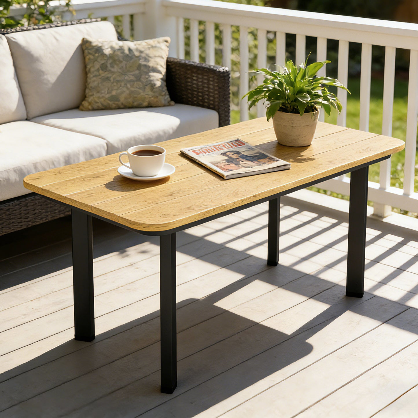Outdoor Garden Coffee Table | Slatted WPC Top | Powder-Coated Frame | Adjustable Feet | 50kg | 90x49x40cm | Brown