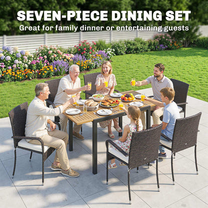 7-Piece Rattan Garden Furniture Set | 6 Seater | Extendable Acacia Wood Table 100-150cm | 6 Stackable High-Back Armchairs | Washable Cushion Covers | PE Rattan & Steel Frame | Cream