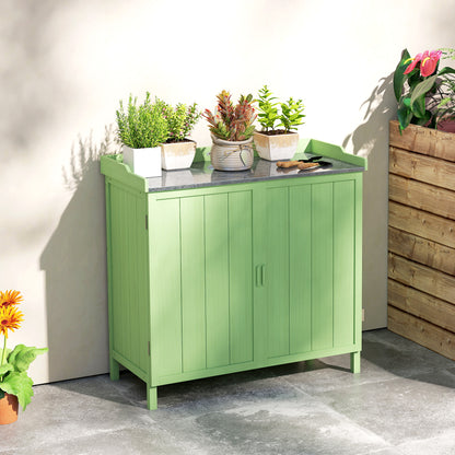 Wood Garden Storage Cabinet, Outdoor Tool Shed, Potting Bench Table with galvanised Top and Two Shelves, Green