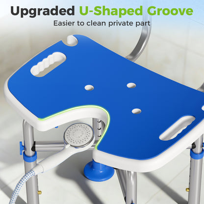 Height Adjustable Shower Chair | U-Shaped Cutout | HDPE Padded Seat | Drainage Holes | Shower Head Holder | Non-Slip Suction Feet | 150kg X-Frame | MDR-CE & FDA Certified | 39-49cm | Blue