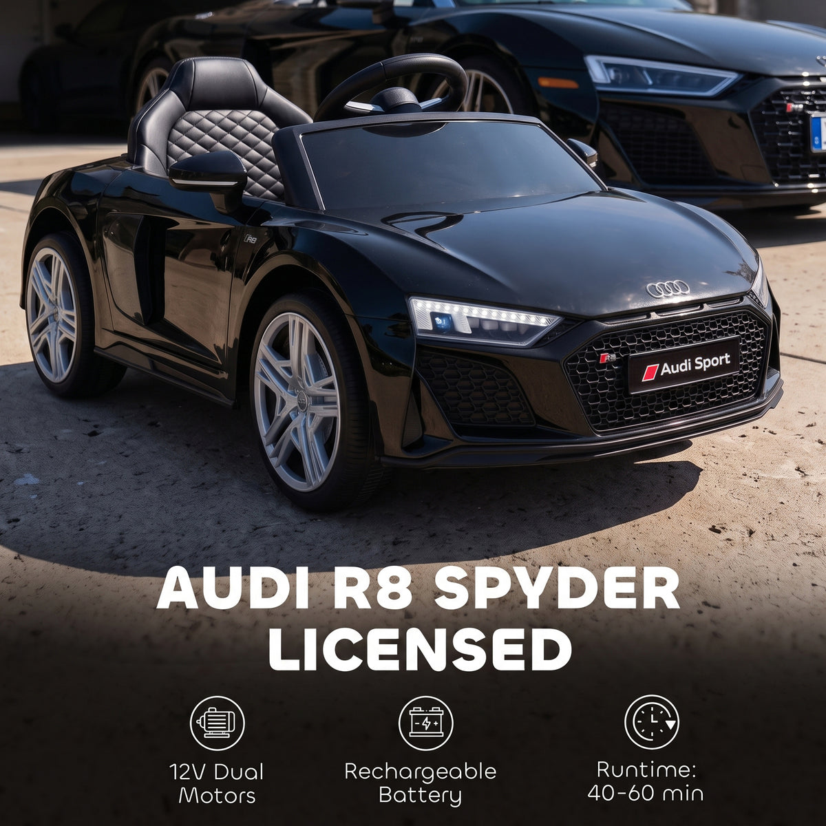 Licensed Audi R8 Spyder 12V Kids Electric Ride-On Car | 2.4G Parent Remote | Dual 12V Motors | Soft Start | Rear Suspension | 2-Point Seatbelt | Music USB Horn | 3-5km/h | 30kg | Ages 3+ | Black / Pink / White
