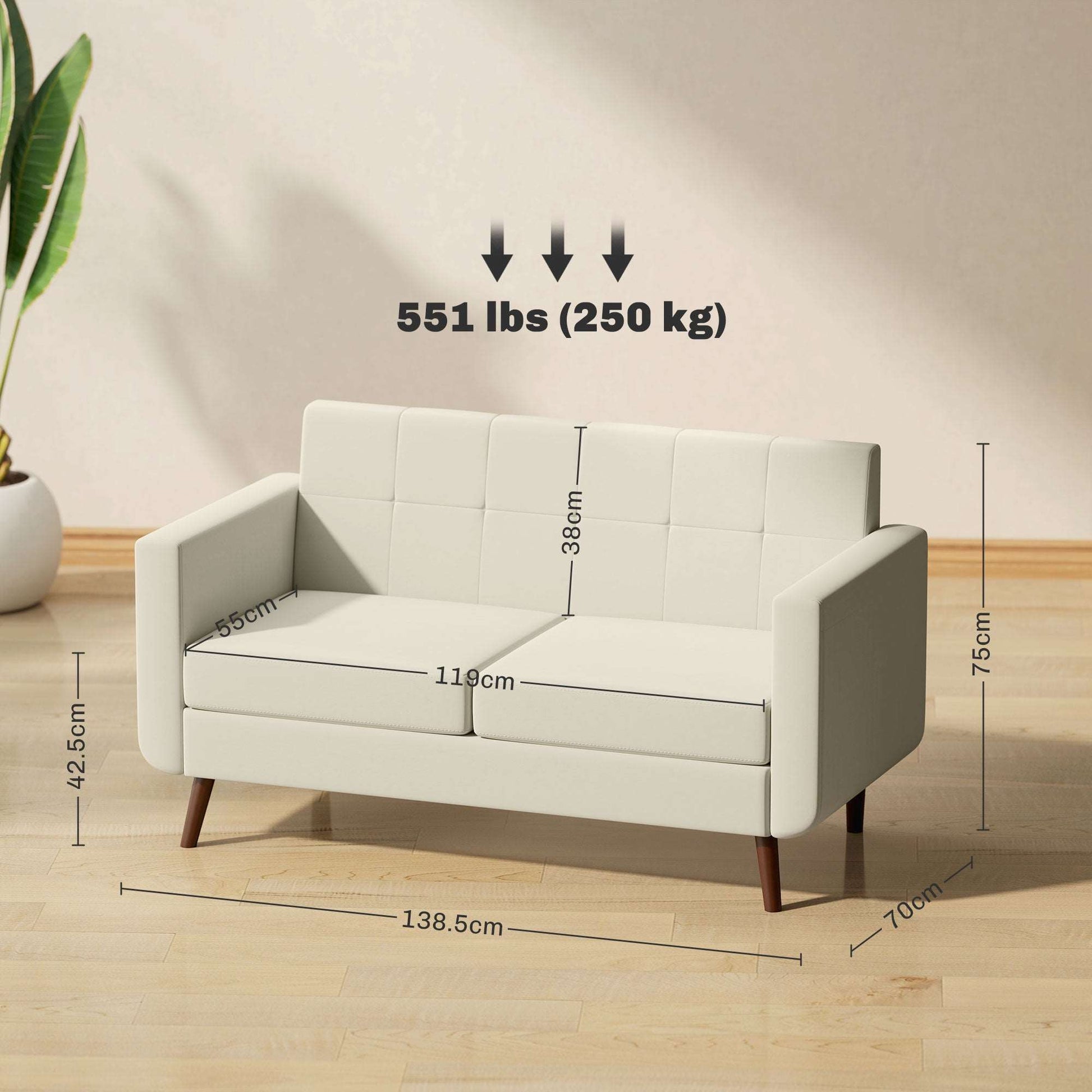 2 Seater Sofa, Modern Tufted Fabric Couch, Upholstered Loveseat, Wood Legs for Small Space, Living Room, Bedroom, Office, Cream White