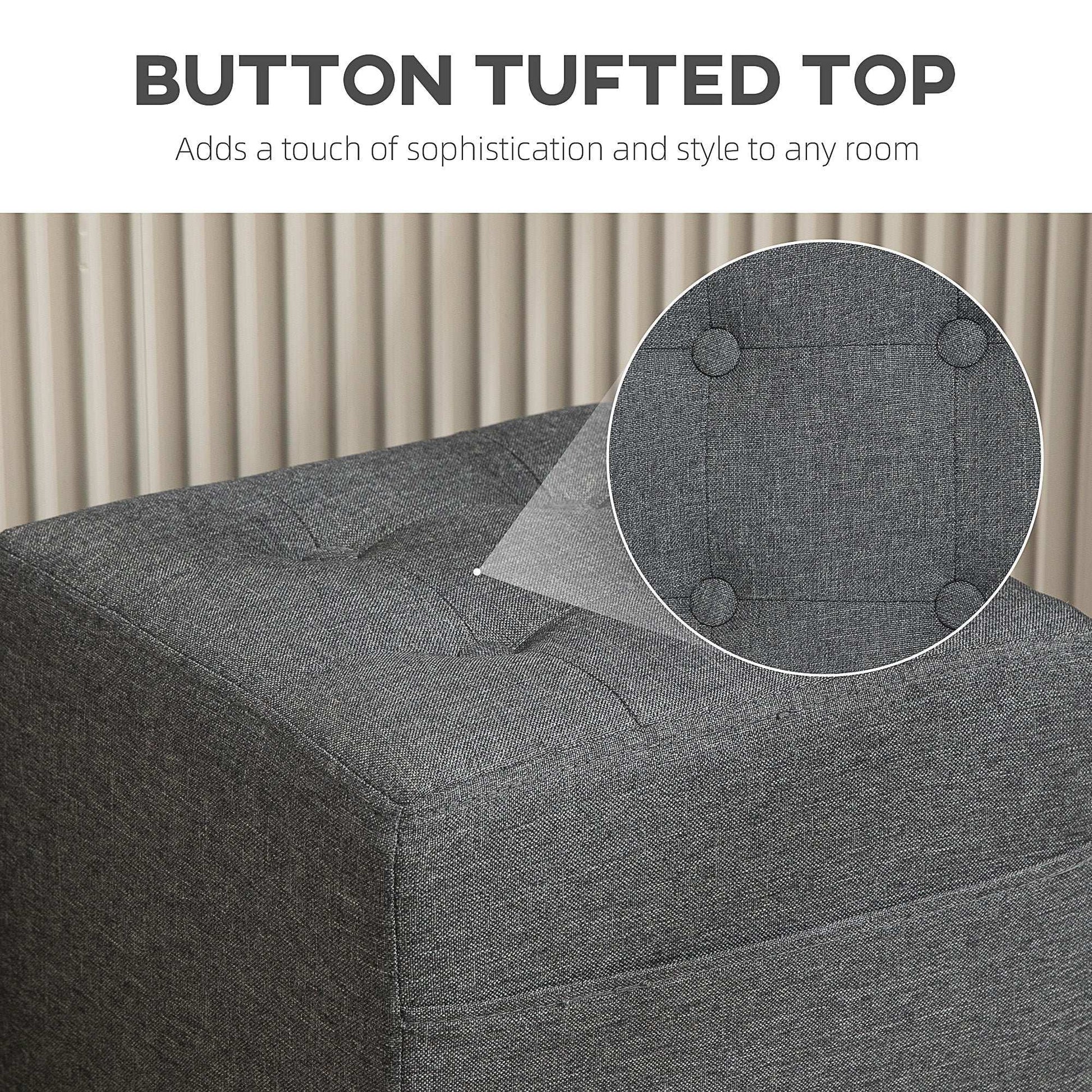 Square Footstool, Small Ottoman with Side Pocket, Linen Fabric Foot Stool W/ Rubber Wood Legs and Pad Seat for Living Room, 35 x 35 x 35cm, Grey