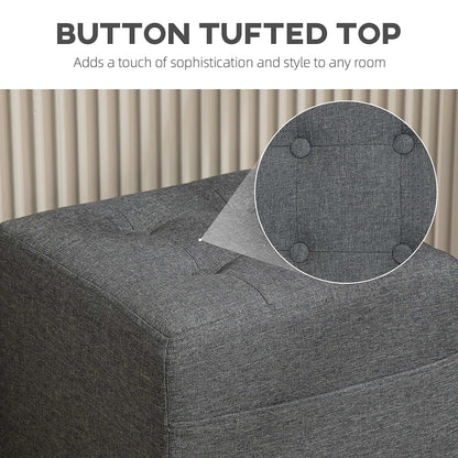 Square Footstool, Small Ottoman with Side Pocket, Linen Fabric Foot Stool W/ Rubber Wood Legs and Pad Seat for Living Room, 35 x 35 x 35cm, Grey