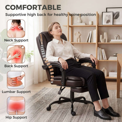 High-Back Executive Reclining Office Chair | 90-135° Recline | Linkage Armrests | Retractable Footrest | Pocket Spring & Foam Seat | PU Leather | EN1335 & BS5852 | 120kg | Brown