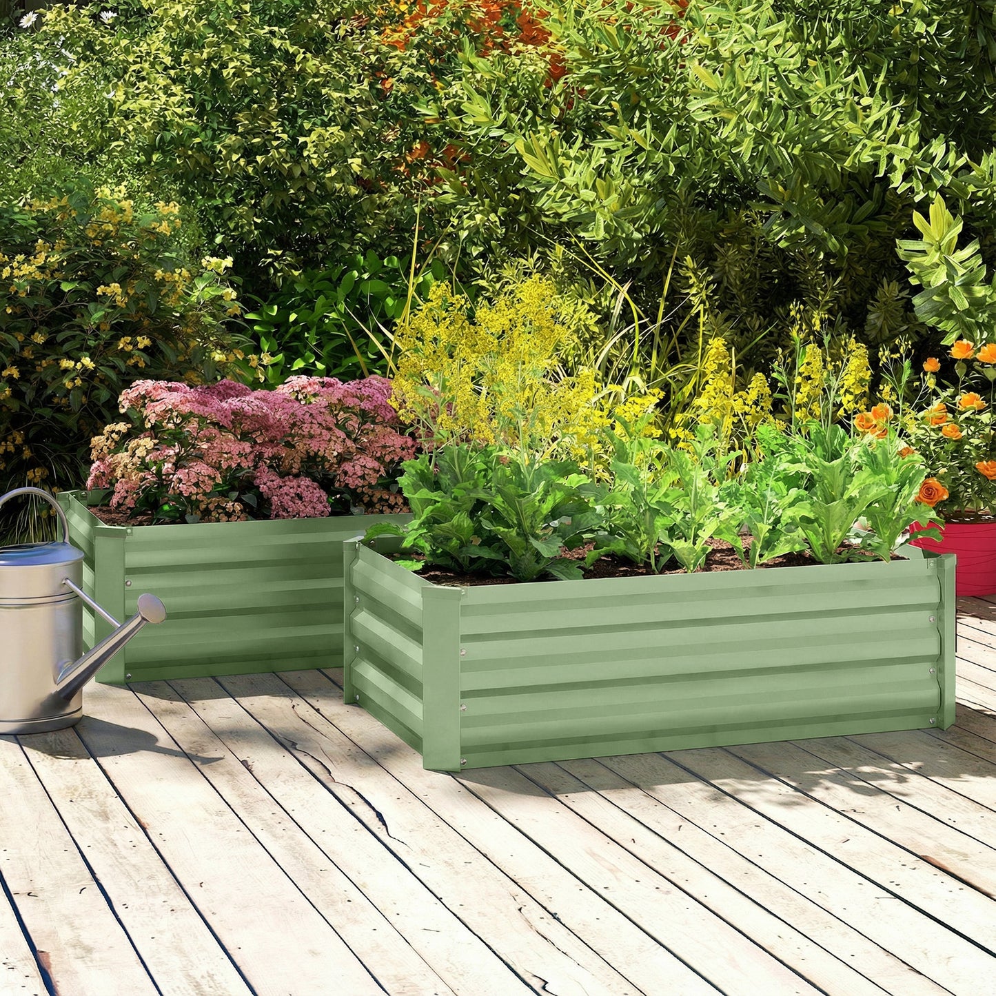 Set of 2 Galvanised Steel Raised Garden Beds | Open Bottom | Direct Soil Contact | No Waterlogging | Easy Assembly | Use Together or Alone | 100x60x30cm | Light Green