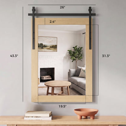 Farmhouse Wall Mirror | 110H x 66W cm Rectangle | Decorative Barn-Door Detail & Tempered Glass | White Oak or Dark Brown