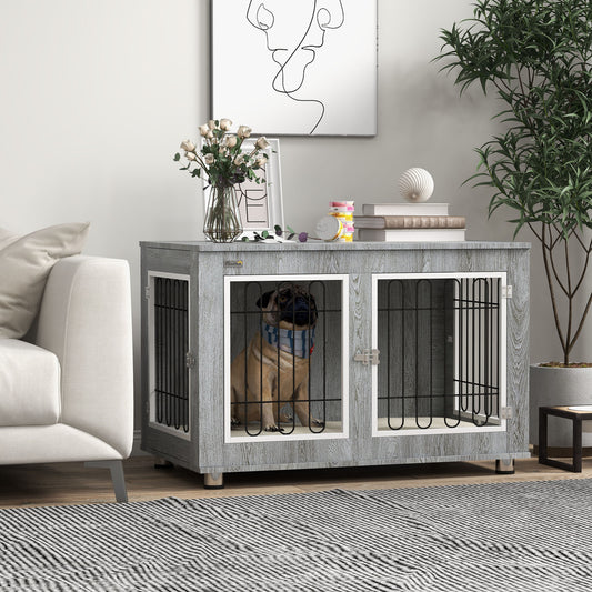 PawHut Dog Crate Furniture Side Table | Washable Cushion | Double Doors | Medium & Large Dogs up to 25kg | 90 x 58 x 65cm | Grey