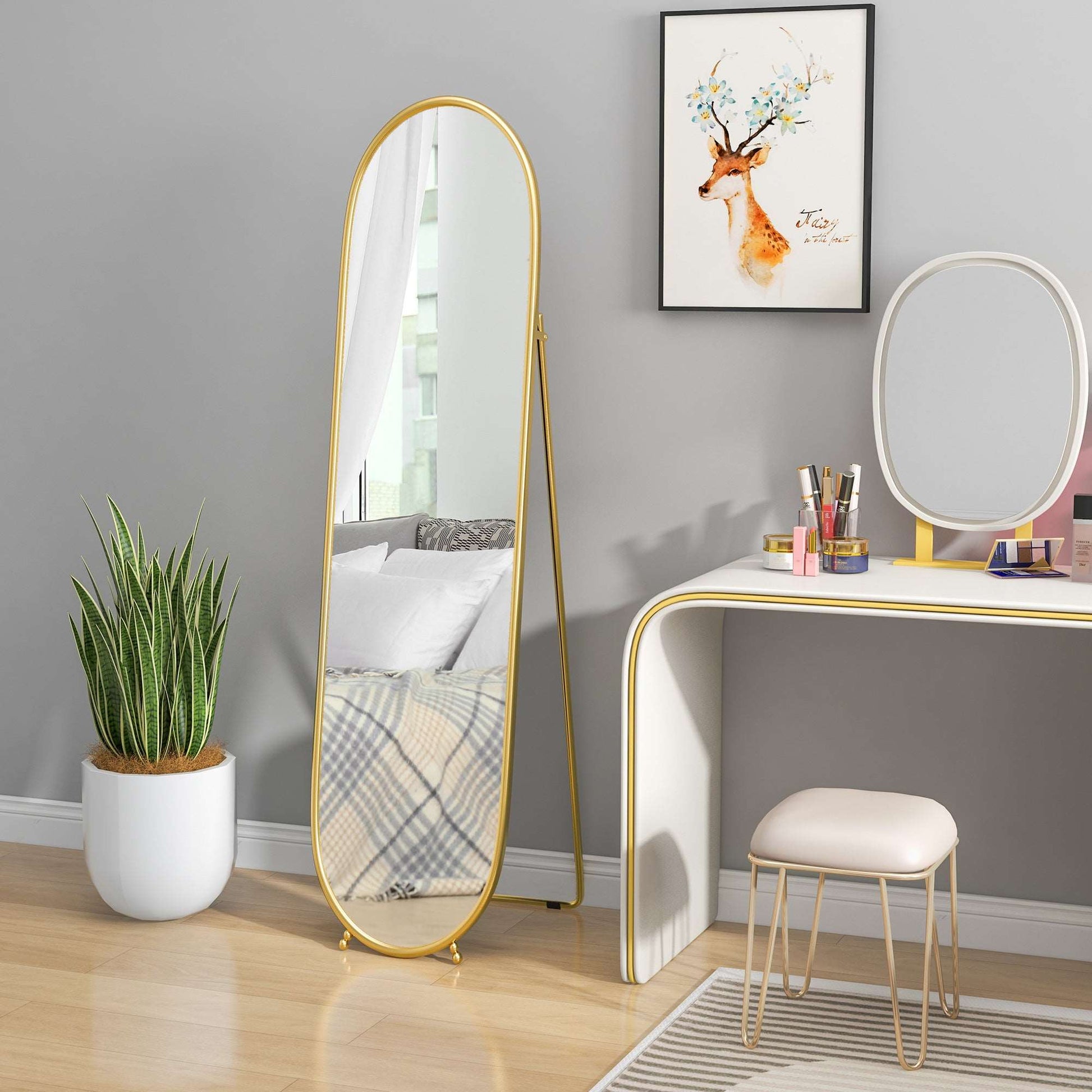 40 x 160cm Full Length Mirror, Floor Standing, Wall-Mounted or Leaning Against Wall Tall Mirror with Support Frame, Oval Full Body Mirror for Bedroom, Living Room, Gold Tone