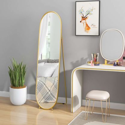 40 x 160cm Full Length Mirror, Floor Standing, Wall-Mounted or Leaning Against Wall Tall Mirror with Support Frame, Oval Full Body Mirror for Bedroom, Living Room, Gold Tone