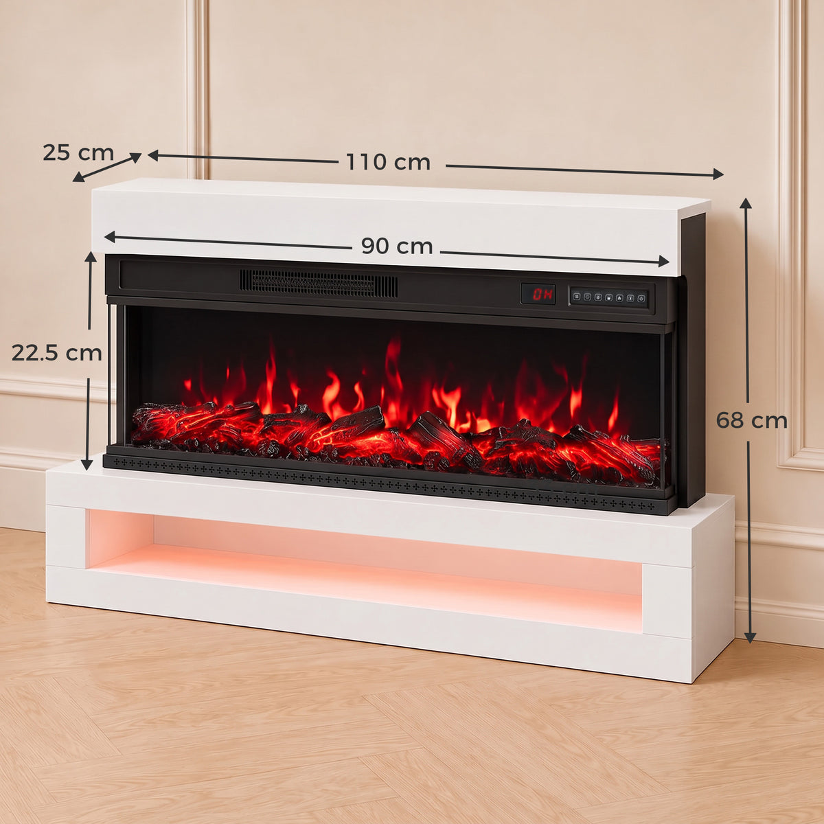 110cm Three-Sided Electric Fireplace Suite | 900/1800W, 12 Flame Colours & LED Shelf | Wall Mounted or Freestanding, Remote & Timer | White