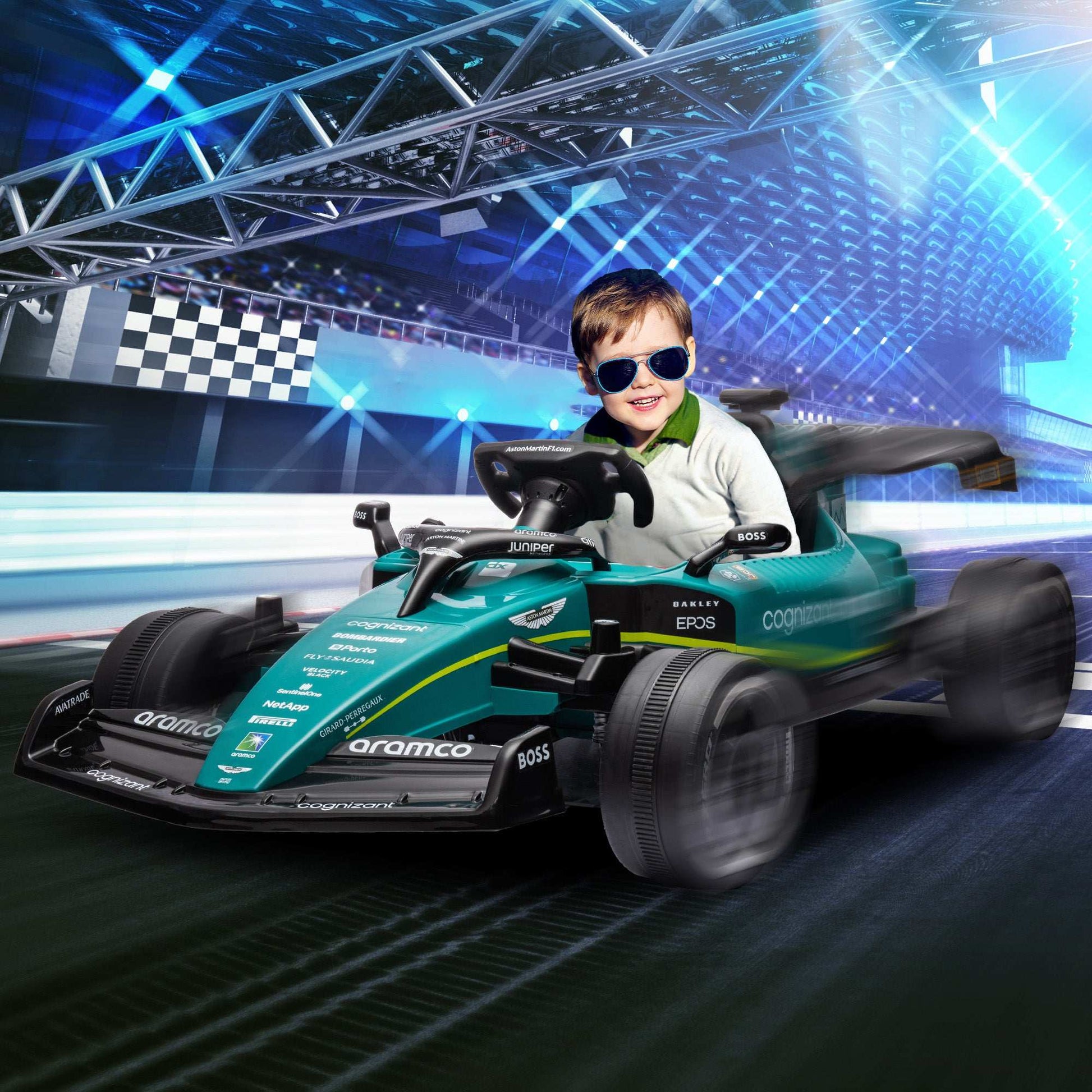 AIYAPLAY 12V Official Licensed Aston Martin Electric Go Kart, Kids Ride On F1 Racing with Shock-Absorbing Wheels, Bluetooth, Music Horn, Green
