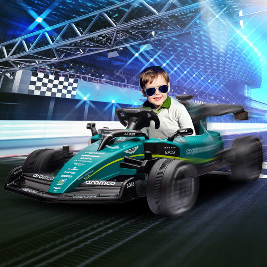 AIYAPLAY 12V Official Licensed Aston Martin Electric Go Kart, Kids Ride On F1 Racing with Shock-Absorbing Wheels, Bluetooth, Music Horn, Green