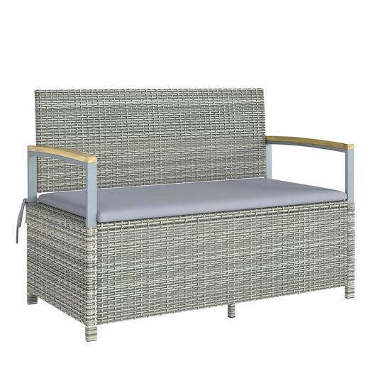 2-Seater Rattan Garden Storage Bench | 144L Hidden Storage | Gas Strut Lid | Zipped Liner | Acacia Wood Armrests | Washable Cushion | 300kg Capacity | 120 x 60 x 84cm | Light Grey
