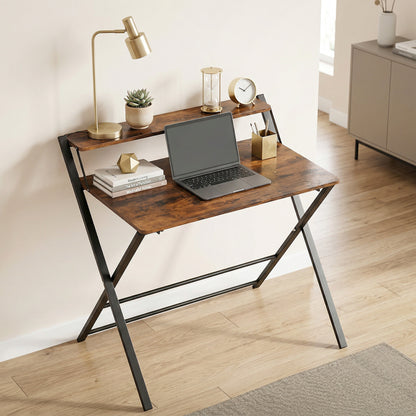 Compact Folding Desk for Small Spaces | Upper Storage Shelf | X-Frame | Melamine Surface | Curved Corners | Folds to 4.5cm | 86x66x82cm | Rustic Brown