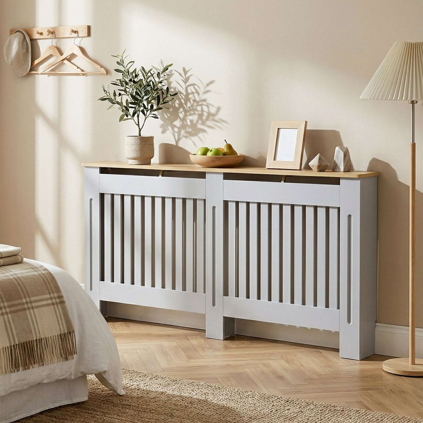 MDF Radiator Cover | Slatted Line Grill Design | Display Top | Wall Mountable | Fittings Included | 13kg | 172x19x81cm | Grey