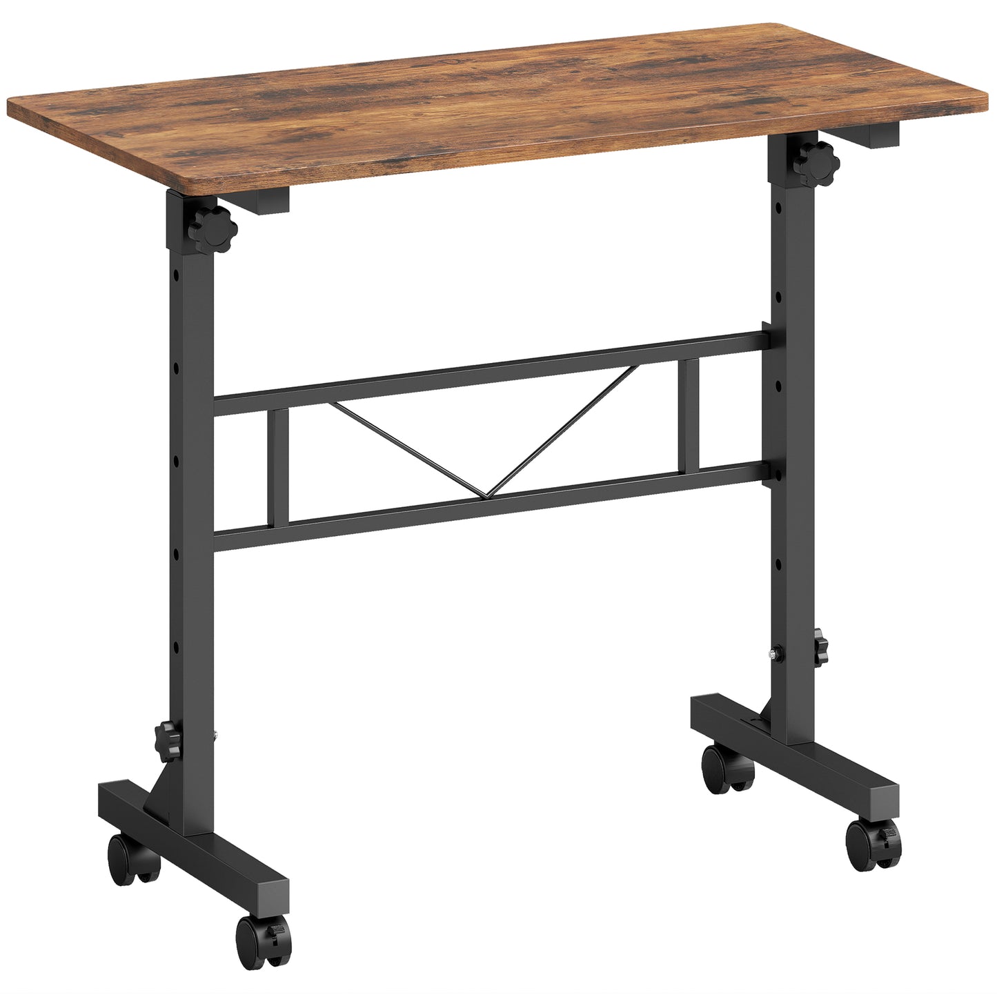 Overbed Table | 6 Height Settings 70-110cm | 4 Caster Wheels with 2 Brakes | Anti-Tip Device | 80x40cm Top | 15kg | Particleboard & Steel | Rustic Brown & Black