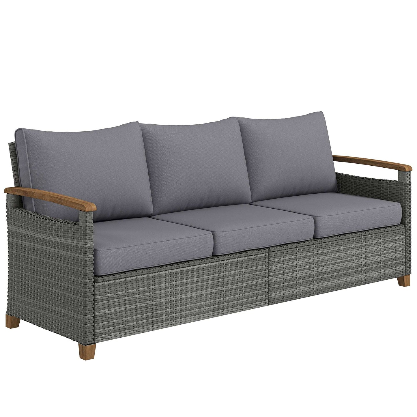 3-Seater Rattan Garden Sofa | PE Wicker | 10cm Seat Cushions | Washable Covers | Wood-Effect Arms | 360kg | All-Weather | Dark Grey