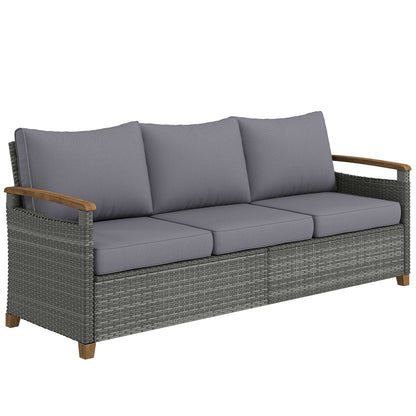 3-Seater Rattan Garden Sofa | PE Wicker | 10cm Seat Cushions | Washable Covers | Wood-Effect Arms | 360kg | All-Weather | Dark Grey