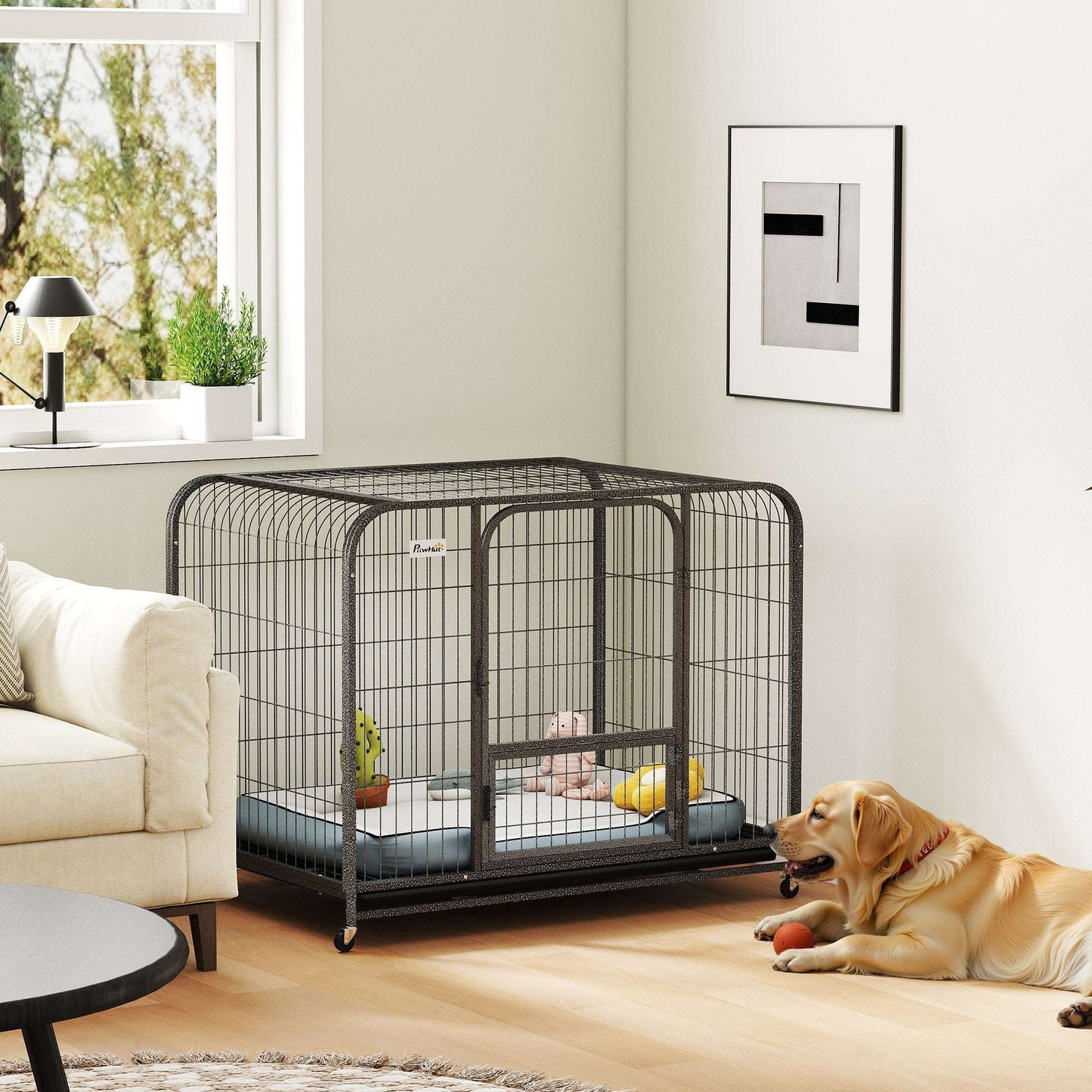Heavy Duty Dog Crate | 109x72x85cm | 3 Doors | Slide-Out Tray | 4 Wheels | Raised Base | 30kg | Black