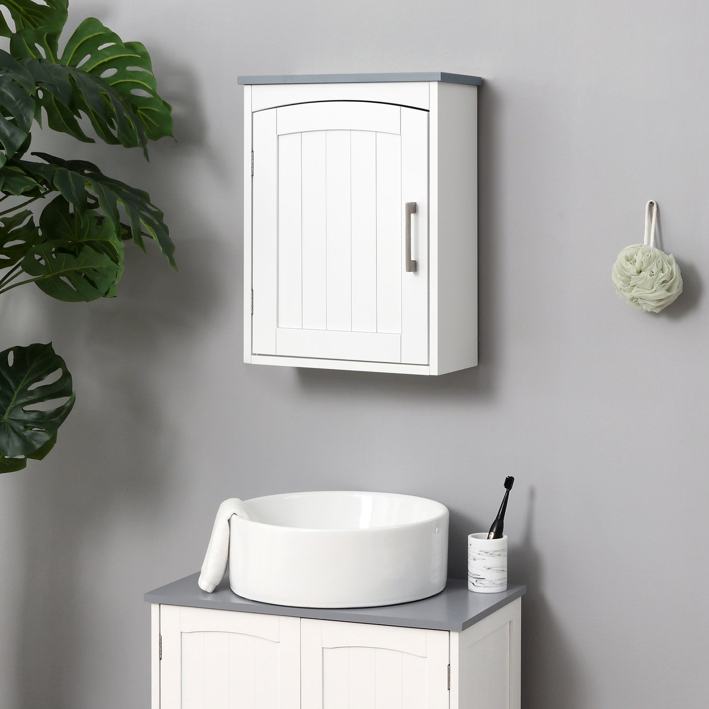 Kleankin Bathroom Cabinet Wall Mounted, Modern Bathroom Wall Cabinet with Arched Door and Adjustable Shelf, Bathroom Storage Cabinet, Light Grey and White