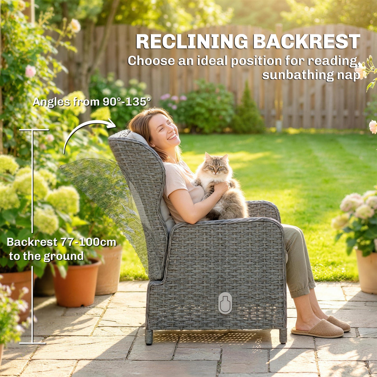 5 Piece Rattan Garden Furniture Set | 2 Reclining Chairs & 2 Footstools | Side Table | 90-135° Backrest | Aluminium Frame | Washable Cushions | 120kg | Cream White