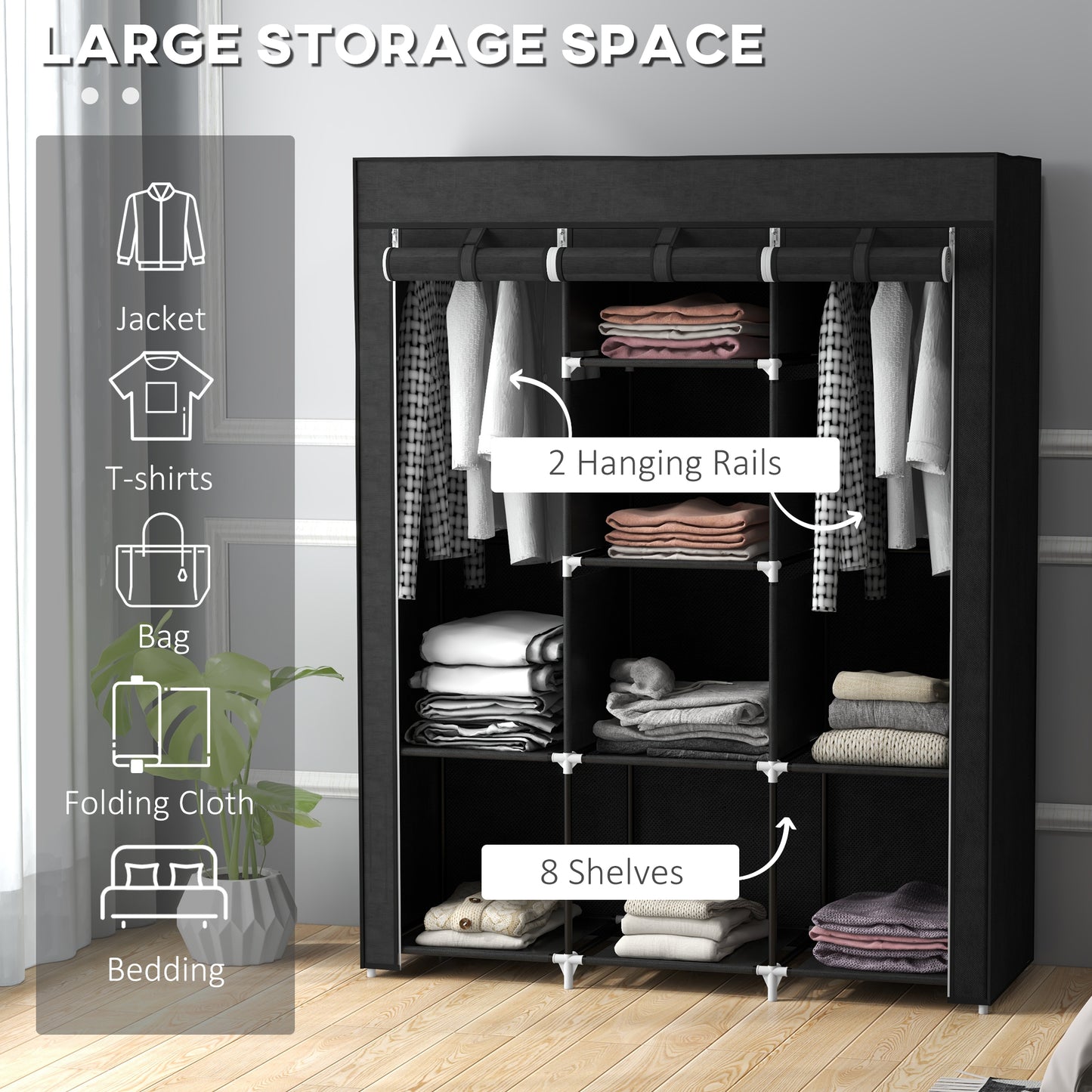 Fabric Wardrobe, Portable Wardrobe, Clothes Storage Unit with 8 Shelves, 2 Hanging Rods, 125 x 43 x 162.5 cm, Black