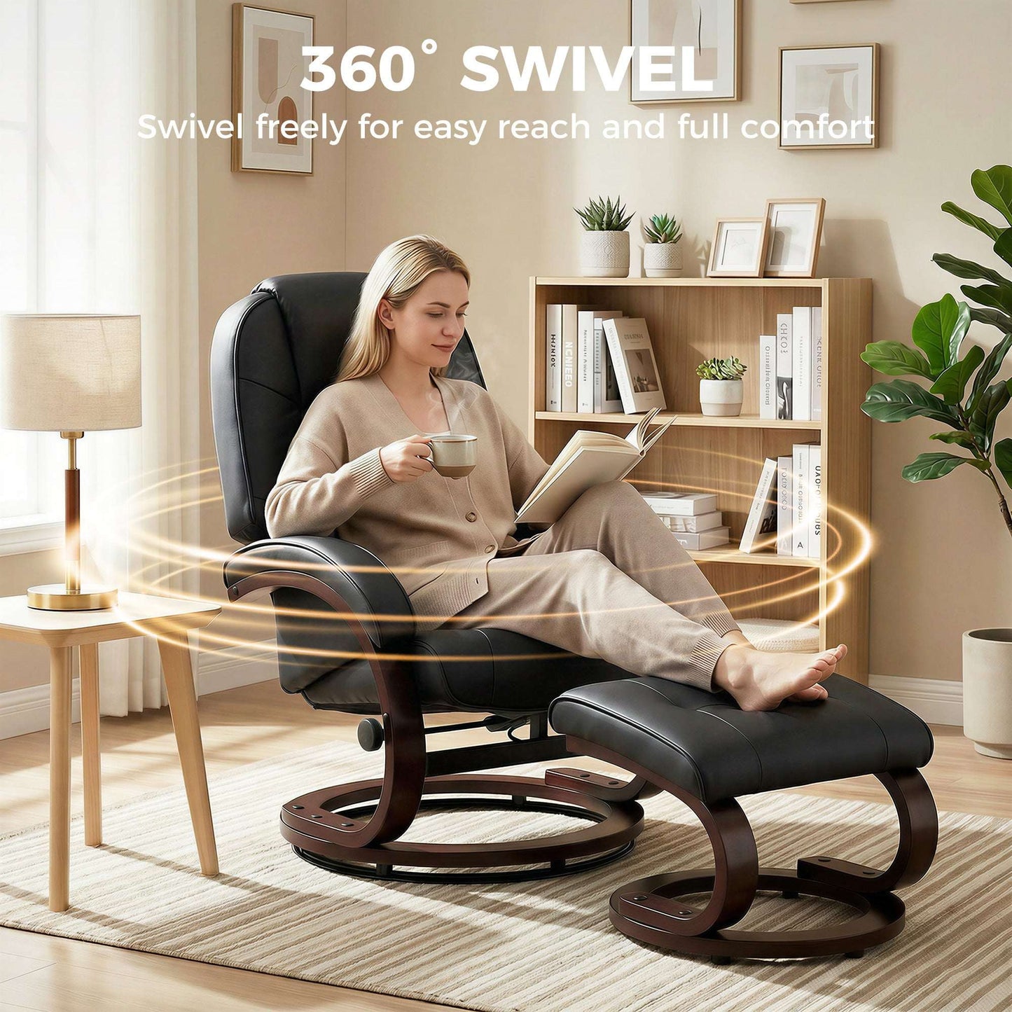 Swivel Recliner Chair & Footstool | PU Leather | 360° Swivel | 135° Recline | Bent Wood Frame | 120kg | Black