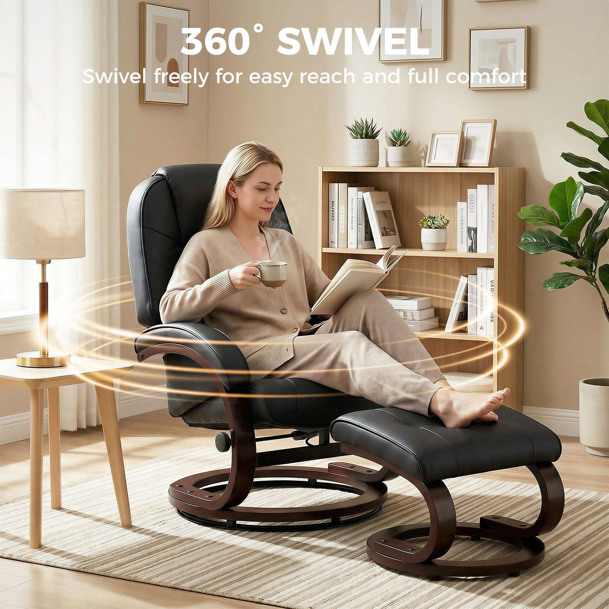 Swivel Recliner Chair & Footstool | PU Leather | 360° Swivel | 135° Recline | Bent Wood Frame | 120kg | Black
