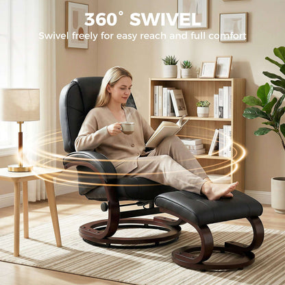 Swivel Recliner Chair & Footstool | PU Leather | 360° Swivel | 135° Recline | Bent Wood Frame | 120kg | Black