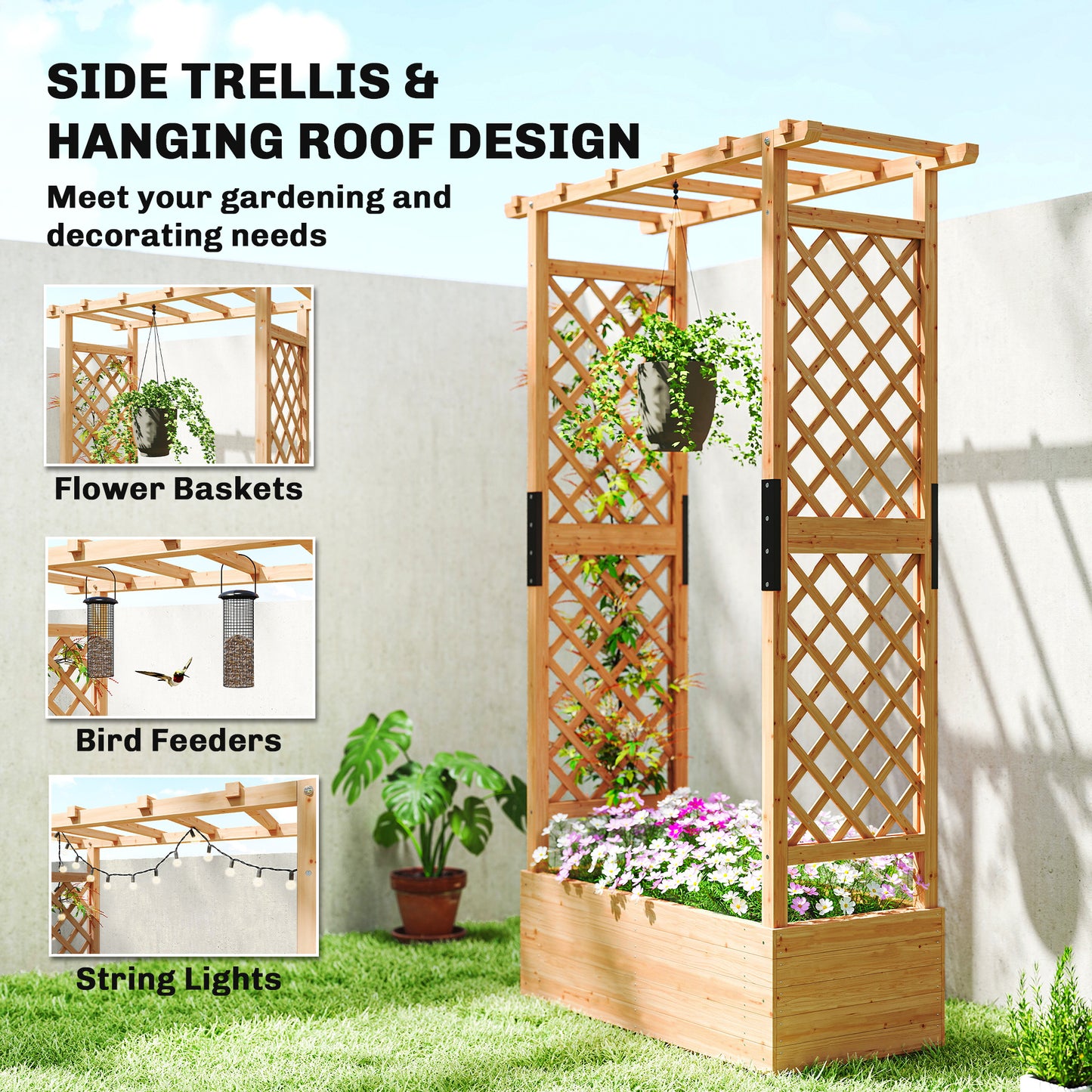 Fir Wood Garden Raised Bed with Double Trellis & Hanging Rails | 85x39cm Planting Bed | 2 Drainage Holes | 10kg Trellis Capacity | 110x44x181cm | Natural Wood Finish