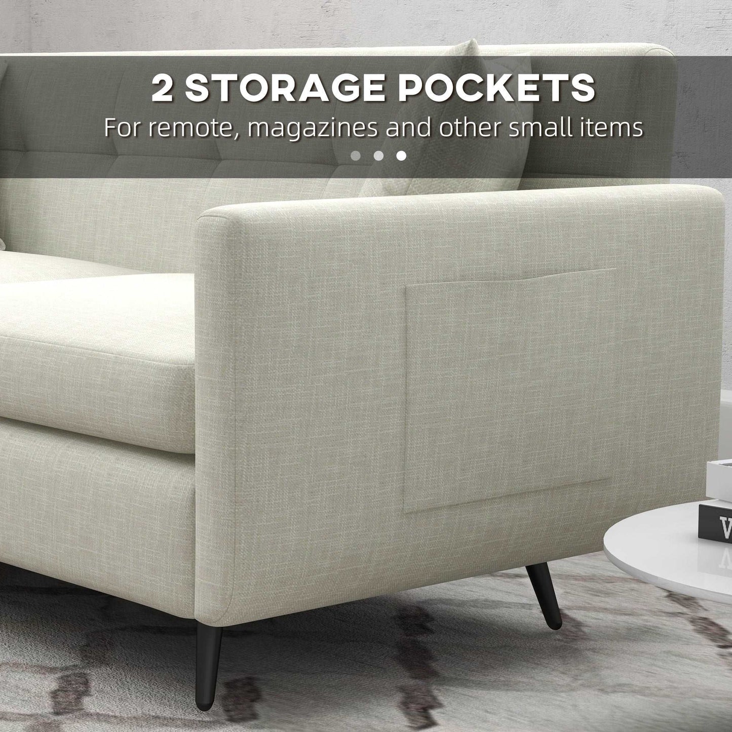 165cm 2 Seater Sofa for Living Room, Modern Fabric Couch, Tufted Loveseat Sofa Settee w/ Steel Legs, 2 Storage Pockets