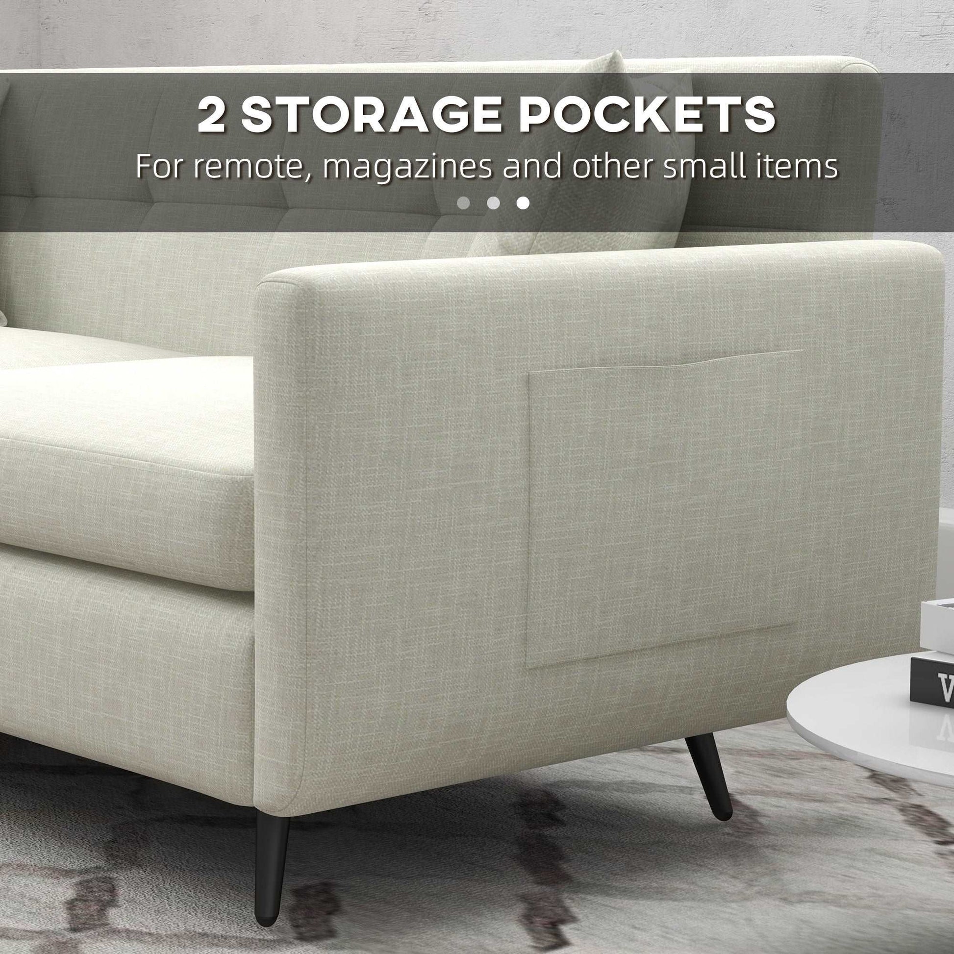 165cm 2 Seater Sofa for Living Room, Modern Fabric Couch, Tufted Loveseat Sofa Settee w/ Steel Legs, 2 Storage Pockets