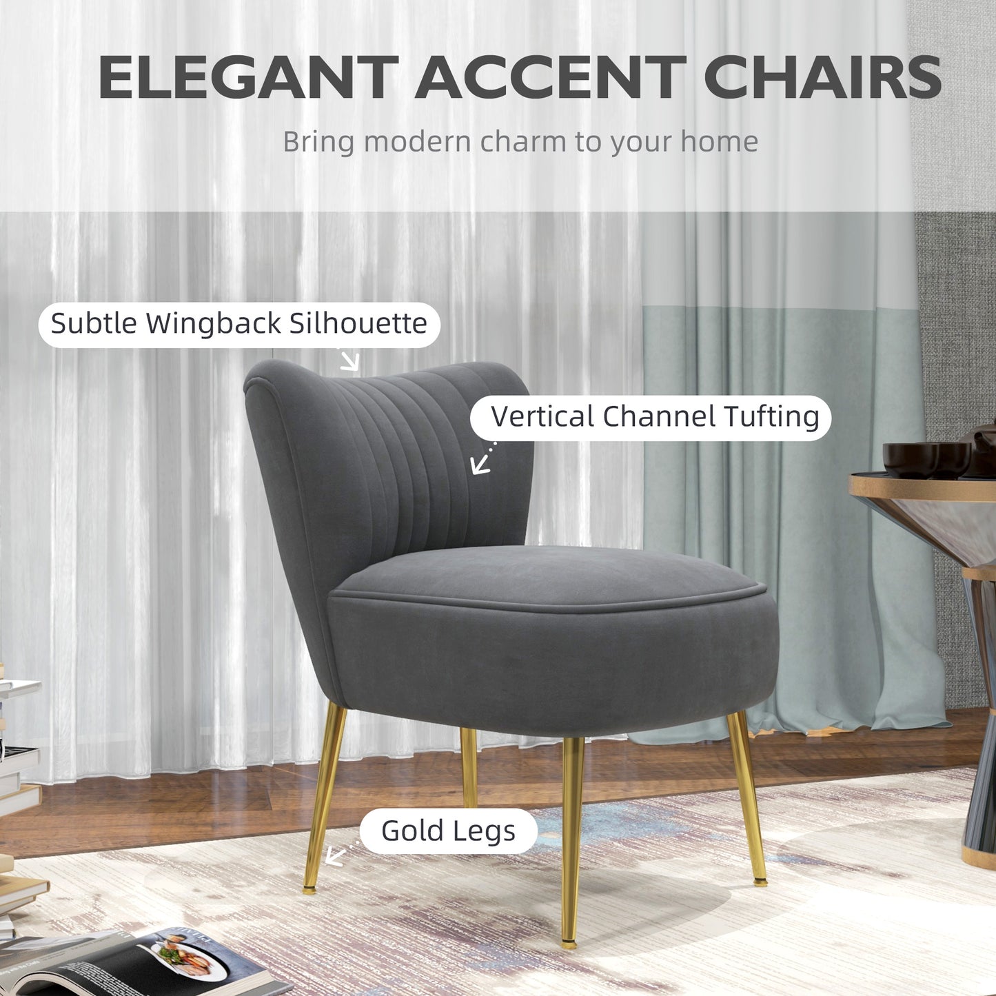 Modern Accent Chair, Upholstered Living Room Chair with Gold Tone Steel Legs, Wingback Armless Chair
