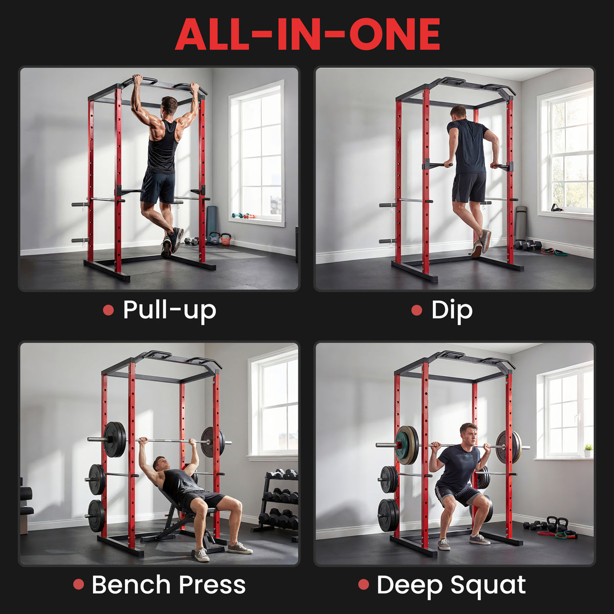 SPORTNOW Power Tower | Adjustable Squat Rack | Red & Black Steel | 160x112x215cm | 460kg Max Load | 11 Height Levels | Pull-Up Bar | Dip Station | Safety Arms | Plate Storage | Home Gym Strength Training
