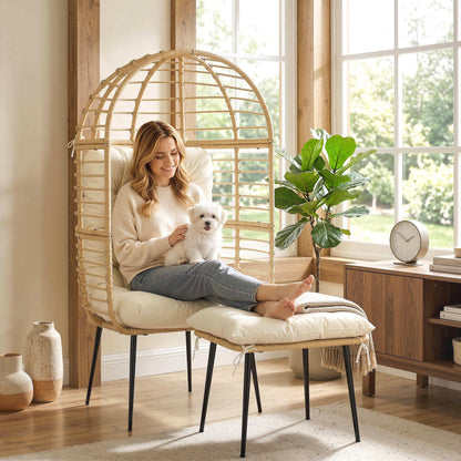 Rattan Egg Chair & Footstool Set | 11cm Tufted Cushions | UV & Weather Resistant | Steel Frame | 120kg | Indoor & Outdoor | Beige