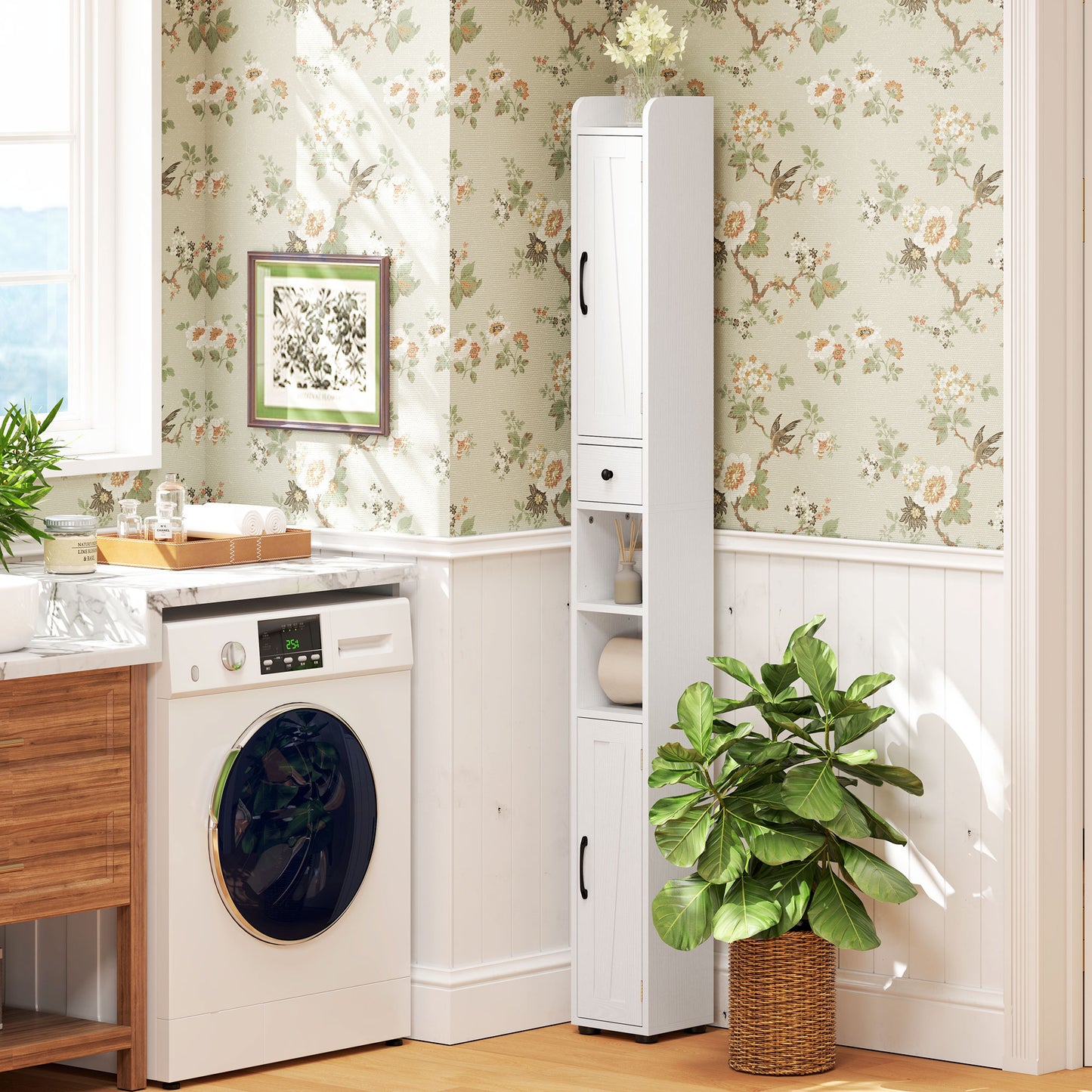 Tall Bathroom Cabinet, Farmhouse Slim Bathroom Storage Cabinet with Barn Doors, Toilet Paper Roll Holder, Drawer and Adjustable Shelves, Narrow Bathroom Storage Unit, 20 x 20 x 185cm, White