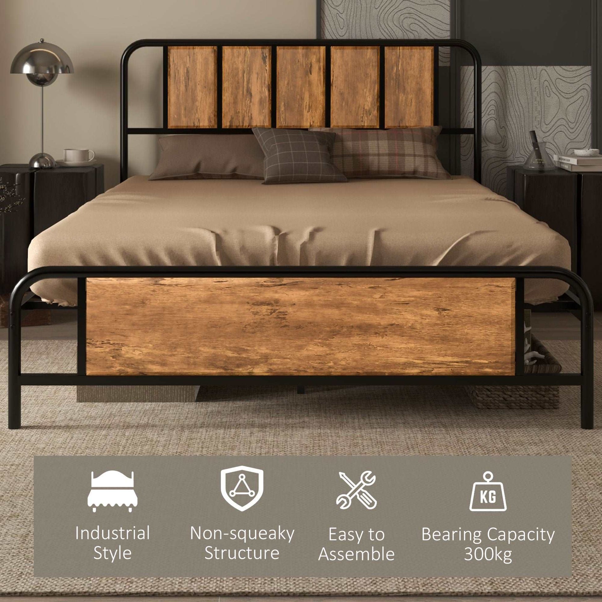 25.5cm Retro Double Bed Frame, Industrial Bed Base with Headboard, Footboard, Steel Slat Support and Under Bed Storage, 145 x 199cm, Rustic Brown