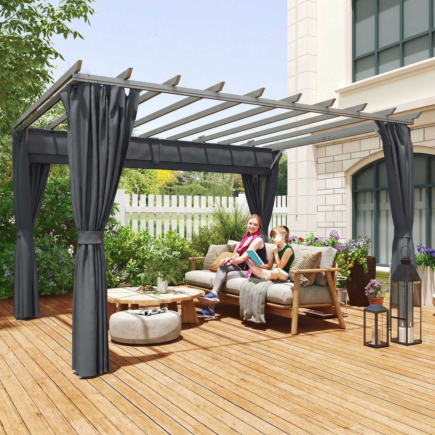 3.6x3m Aluminium Pergola | Retractable Sliding Canopy | Zip Curtains | 7.6cm Columns | Ground Stakes | Dark Grey