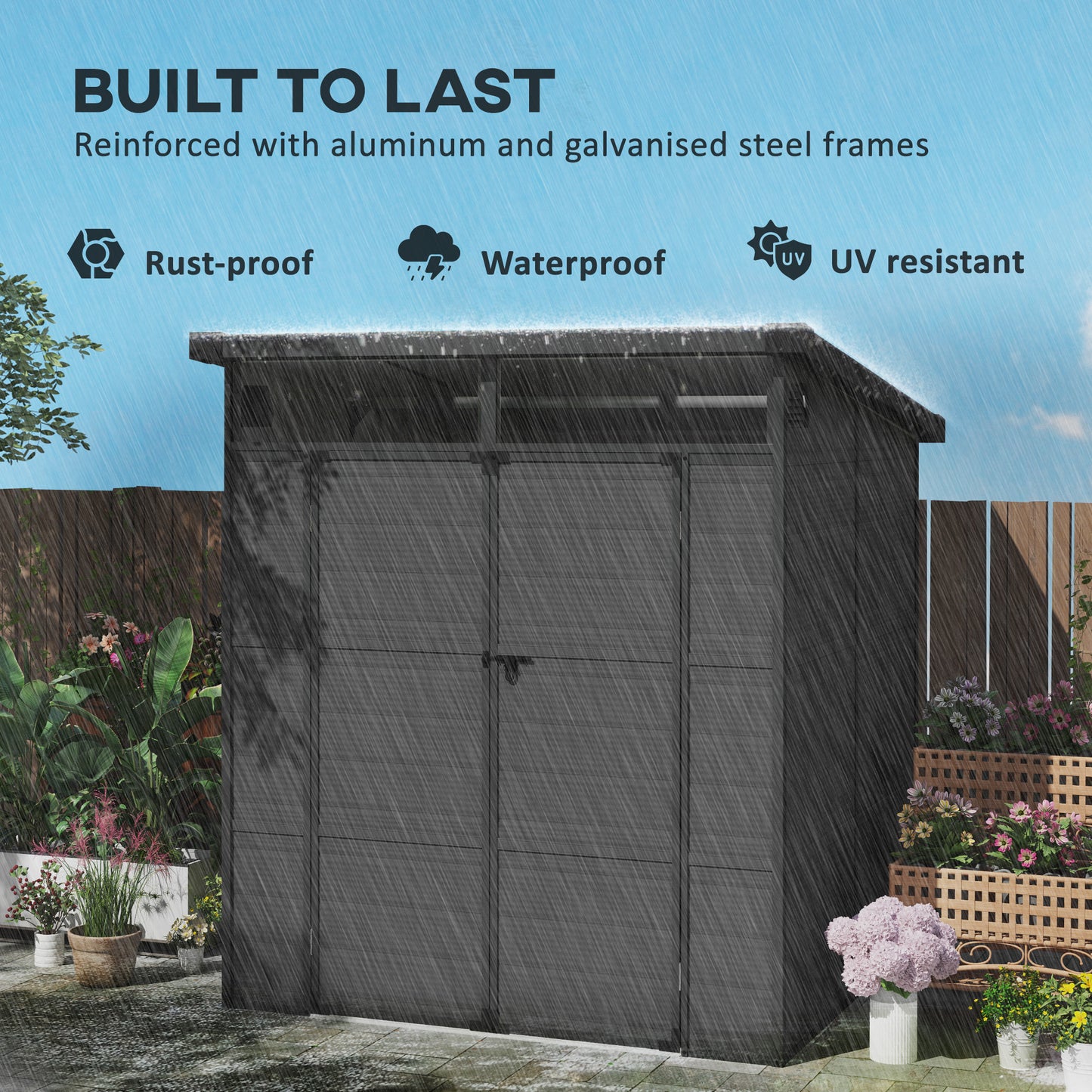 6 x 6ft Outdoor Storage Shed, Plastic Garden Shed with Windows and Air Vents, Outdoor Resin Tool Shed with Latch Doors for Garden, Deck