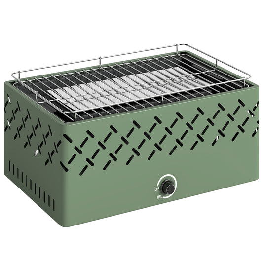 Portable Battery-Powered Charcoal BBQ Grill – Built-In Fan, Stepless Heat Control, 600°C Rated, 45.5x29cm Grill Surface, For Camping & Garden – Light Green