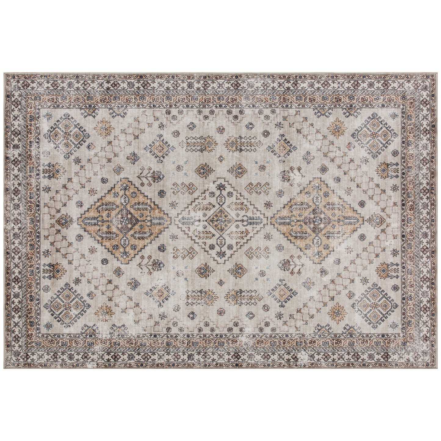 Vintage Retro Style Area Rug, Non-Slip Washable Rug, Flannel Floor Carpet for Living Room, Bedroom, Dining Room, Home Office, 230 x 160 cm, Beige